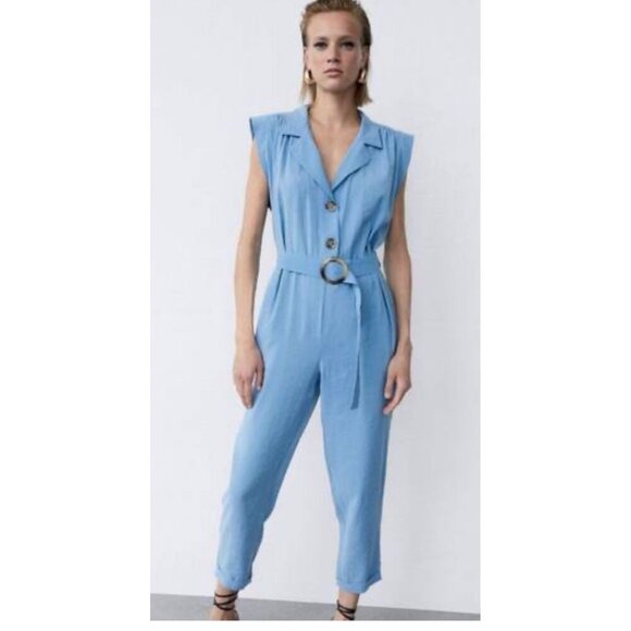Zara Belted Jumpsuit Sleeveless Button Up Blue Size S